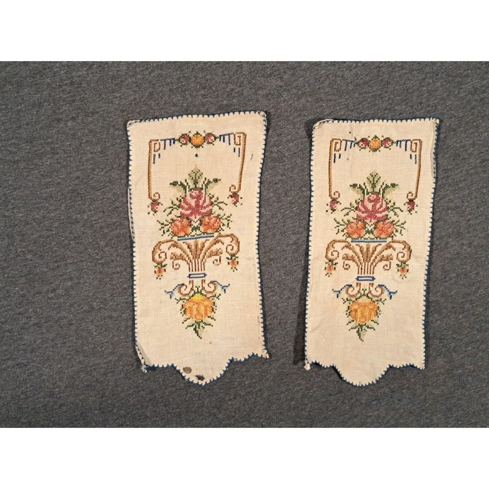 Vintage Handmade Cross Stitch Linen Floral Urn Scalloped Panels Set of 2 Cream